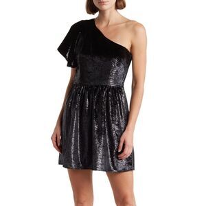 NEW 7 for All Mankind One Shoulder Metallic Velour Fit & Flare Dress